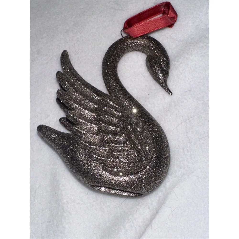 Pier One Imports Christmas Collection Glitter Silver Swan Ornament Red Ribbon